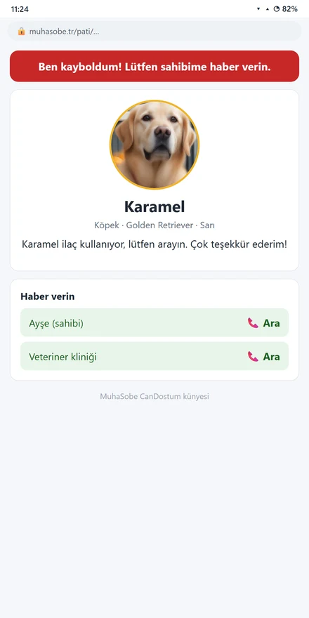 Künye okutulunca açılan sayfa: Ben kayboldum! Lütfen sahibime haber verin.